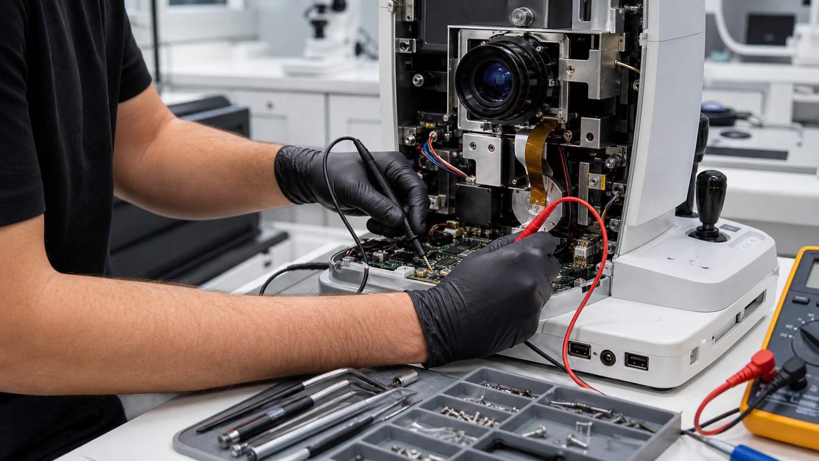 AMS technician performing board level diagnostics on medical equipment