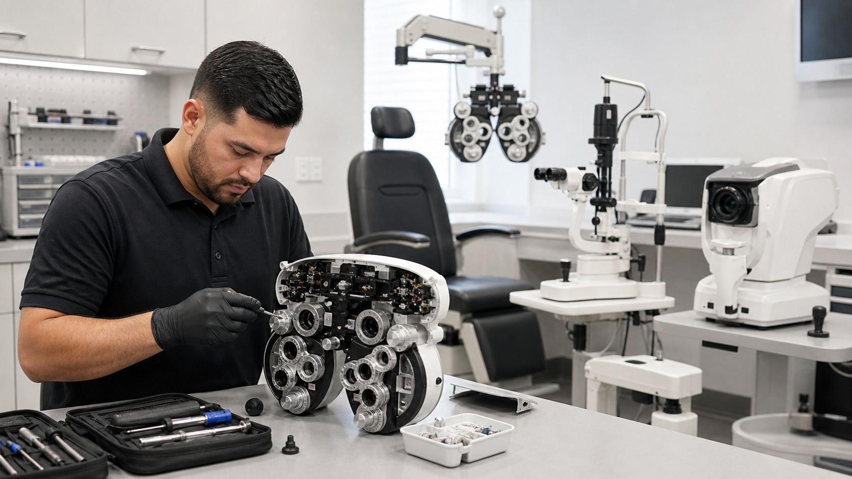 AMS technician repairing ophthalmology equipment in a clinical exam room